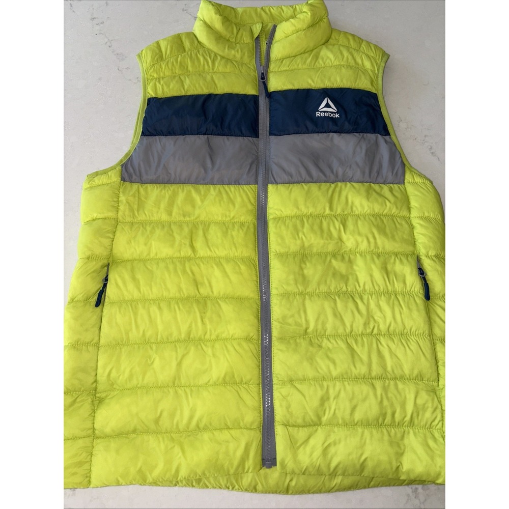 Reebok Puffer Vest Mens M Spring Green Nylon Full Zip Jacket Pockets Neon Stripe
